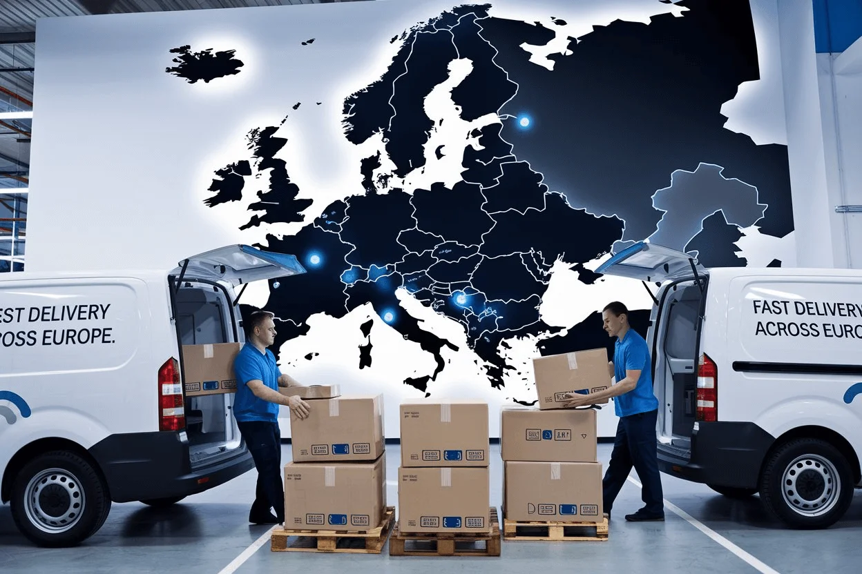 image of boxes being loaded into a truck for delivery